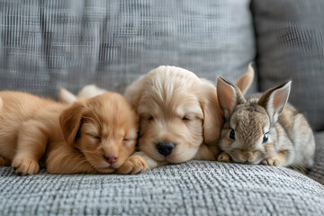 National pet day - sweets and pieceful puppy, kitten and rabbit, cozy sofa