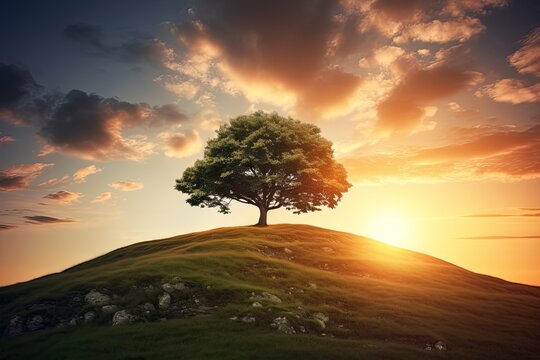 Sunrise Over a Lone Tree on a Hilltop