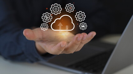 man showing virtual screen with cloud computing diagram. Cloud technology. Data storage. Networking and internet service concept