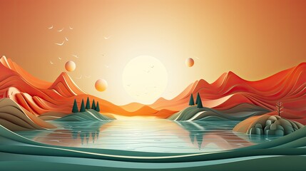 A serene landscape featuring a tranquil lake at sunset with mountains in the distance