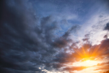 Banner Dramatic dark storm clouds black sky background. Dark thunderstorm clouds rainny season. Panorama Meteorology danger windstorm disasters climate. Dark cloudscape storm cloud with copy space.