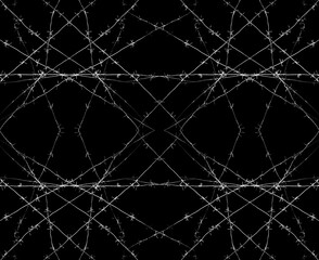 Old security barbed wire isolated on black background. Sharp military security fence. Closeup image. crossed Lines of barbed wire on black background. concentration camp