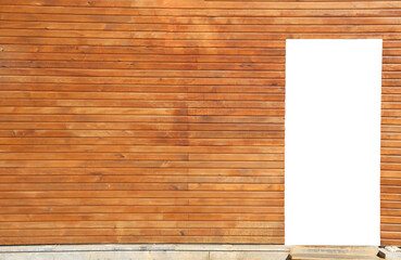 mock up entrance door of wooden garage building. house exterior. facade of house wood board wall made of wooden planks and template of door.  mock-up. front view.  isolated on white background. mockup