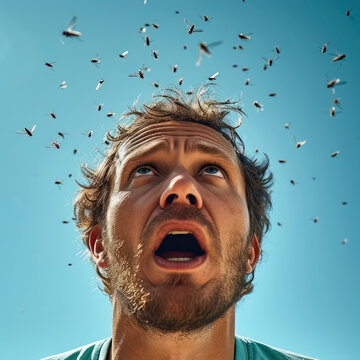 Man with many mosquitoes around his head