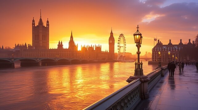 The Houses of Parliament and the London Eye at sunset