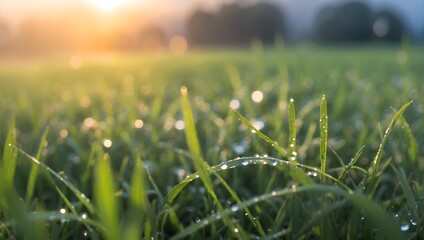 Dewy grass field at dawn, with the light creating a rainbow effect in the droplets. generative AI - obrazy, fototapety, plakaty