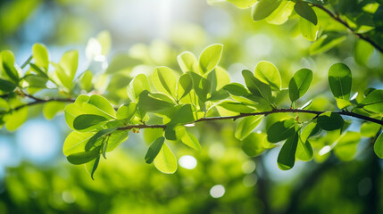 Fototapeta na wymiar Green leaves on tree branch sway in the wind