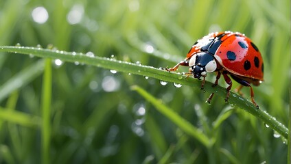 Wet grass with morning dew, a ladybug climbing one of the blades, close-up shot. generative AI