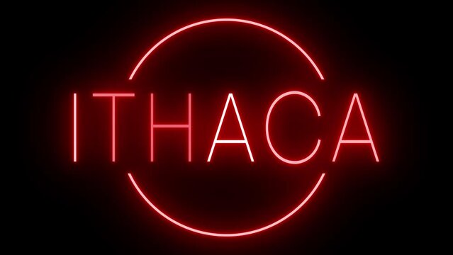 Flickering red retro style neon sign glowing against a black background for ITHACA