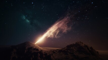 Fototapeta na wymiar Comet streaking behind mountains. Generative AI