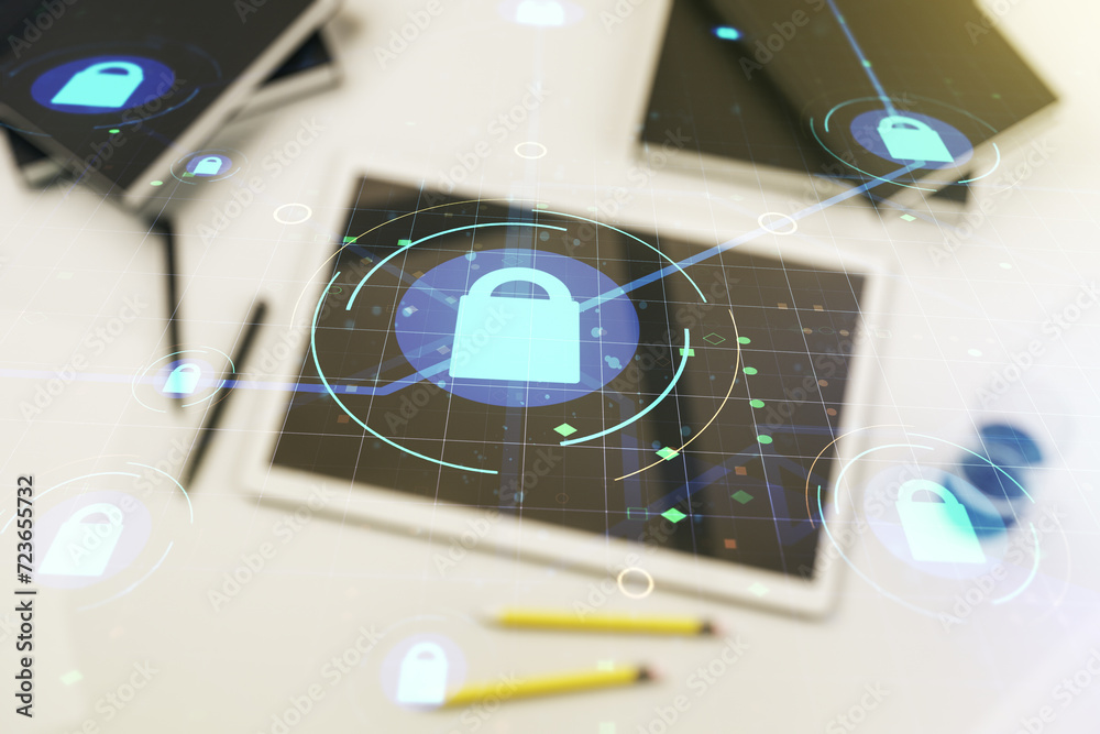 Poster creative lock sketch with chip hologram and modern digital tablet on background, protection of perso