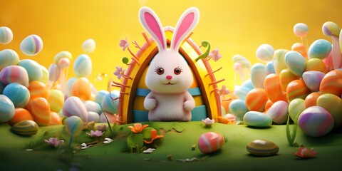 Colorful Easter Celebration with Cute Bunny and Eggs