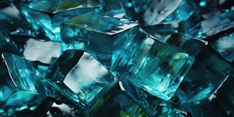 Abstract background resembling ice cubes. An image of blue, aquamarine glass or plastic cubes arranged randomly. Modern design banner