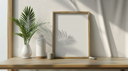 A white empty frame on a wooden desk for mock-up design