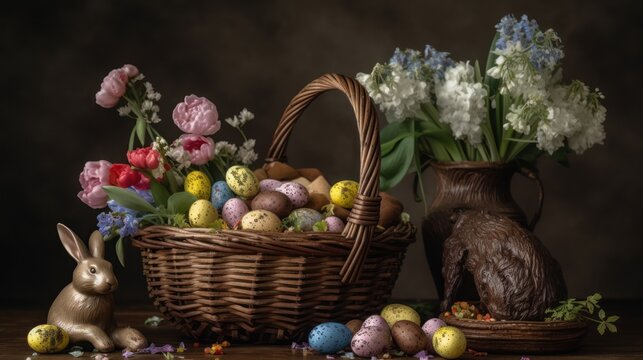 still life with easter eggs and bunny. Generative AI