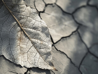 Cracked dry clay and dry leaf indicate drought