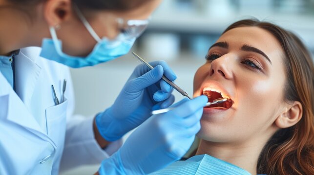 Dentist examining a patient's teeth with a mouth mirror and dental explorer