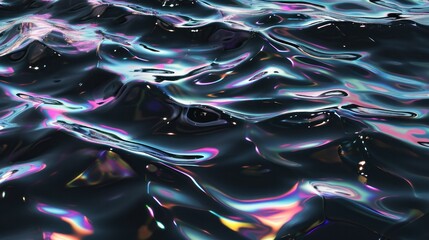 Glossy black water surface mirroring iridescent colors similar to oil spill effect