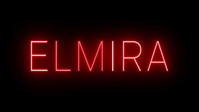 Flickering red retro style neon sign glowing against a black background for ELMIRA