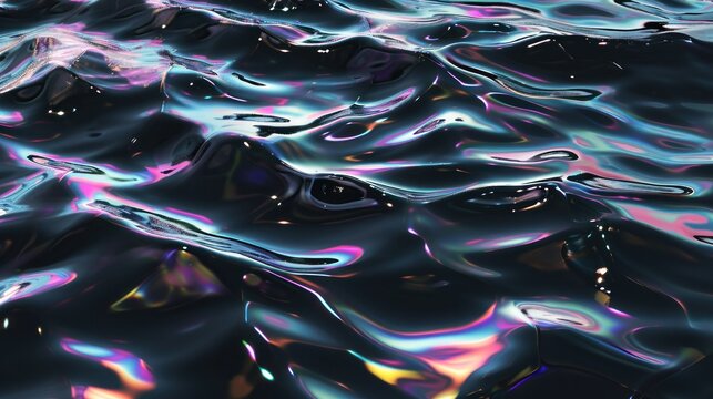 Glossy black water surface mirroring iridescent colors similar to oil spill effect