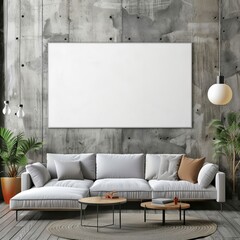 a blank white poster mockup on a grey brick wall in a living room