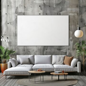 Fototapeta a blank white poster mockup on a grey brick wall in a living room