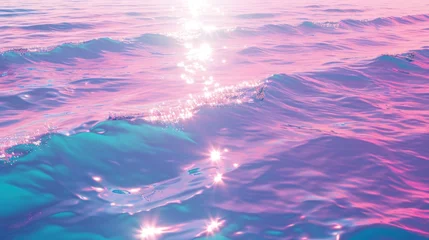 Deurstickers Artistic rendition of ocean waves bathed in a pink hue with sparkling light flares © Glittering Humanity