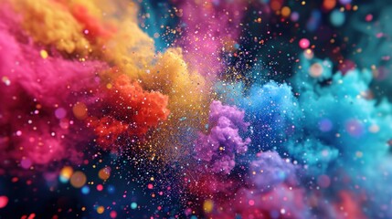 Vivid explosion of colored powder captured against a dark background, resembling a cosmic event