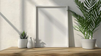 Fototapeta na wymiar A white empty frame on a wooden desk for mock-up design