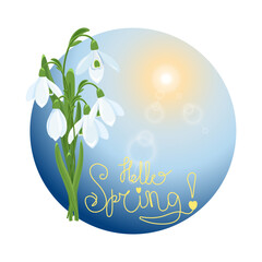 The Day of Snowdrops, snowdrop, March 1, spring flowers, March 8th, April 14th, spring postcard, sunshine, spring card, spring banner for seasonal sale. Galánthus nivalis. Spring flower 