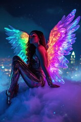 Obraz na płótnie Canvas A female figure with splendid wings and sparkling attire overlooks a city under a starlit sky