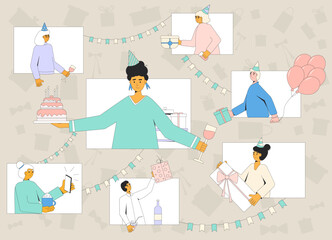 Birthday party online. Anniversary celebration remote. Videoconferencing friends holiday event. Congratulation for woman. Virtual friends meeting for fun, talk and drink wine. Vector illustration