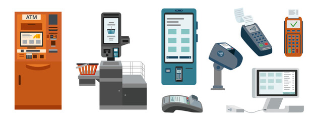 Set of contactless payment devices in flat style isolated on white. Payment terminal, ATM machine, self checkout, kiosk.