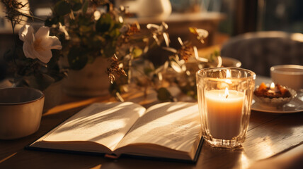 Cozy atmosphere with a book and candle light