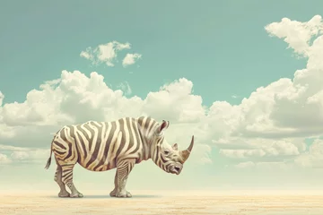 Rolgordijnen A digitally altered rhinoceros with zebra stripes stands in a vast desert under a blue sky with fluffy clouds © Glittering Humanity