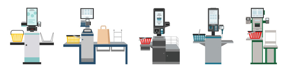 Set of self-service and self payment checkouts in the supermarket isolated on white. Self-service terminal. Contactless payment.