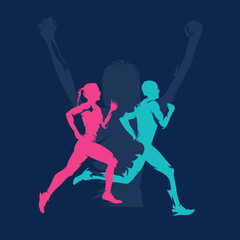 Run, running people - man and woman - isolated vector silhouette, side view