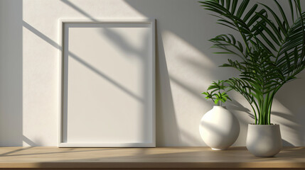 A white empty frame on a wooden desk for mock-up design
