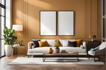 Elegant living room mockup with vibrant accents, empty frame, and inviting illumination.