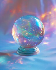 A crystal ball glistening with cool-hued sparkles and soft lighting, creating a magical atmosphere