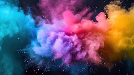 A mesmerizing cloud of colorful smoke diffuses against a dark backdrop, creating an abstract ethereal image - obrazy, fototapety, plakaty