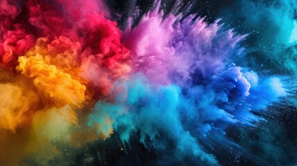 Intense and vibrant smoke explosion captured in high detail, exhibiting a chaotic blend of colors and shapes