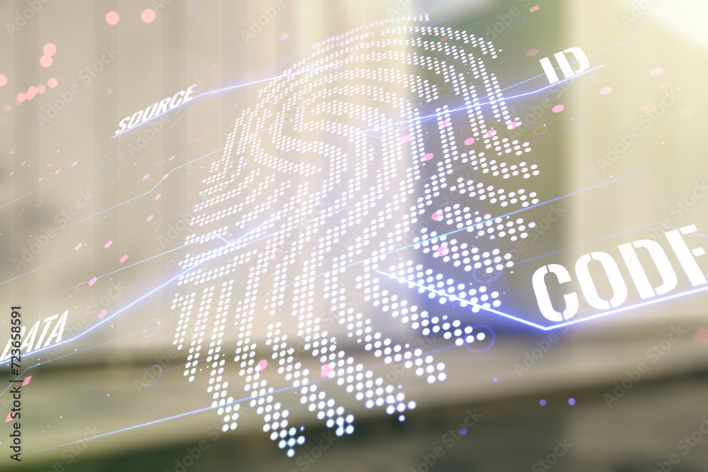 Poster multi exposure of virtual abstract fingerprint illustration on blurry modern office building backgro