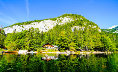 View of Lake Toplitz and the surrounding landscape. Idyllic nature by the lake in Styria in Austria. Mountain lake at the Dead Mountains in the Salzkammergut.
