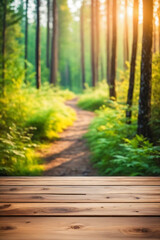 Wooden table top on blurred background of color landscape in forest - For product display