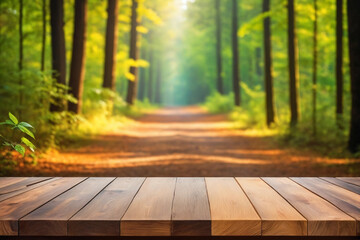 Wooden table top on blurred background of color landscape in forest - For product display