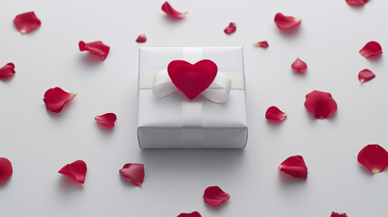 White gift box tied with a satin ribbon and a heart-shaped decoration on top, surrounded by red rose petals on a white background. Concept for birthdays, holiday events or other celebrations. 