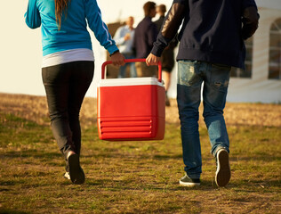 Back, people and cooler box with music festival, party and event with celebration, concert and...