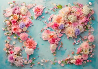 Global map on a turquoise backdrop, outlined with a diverse selection of flowers and petals