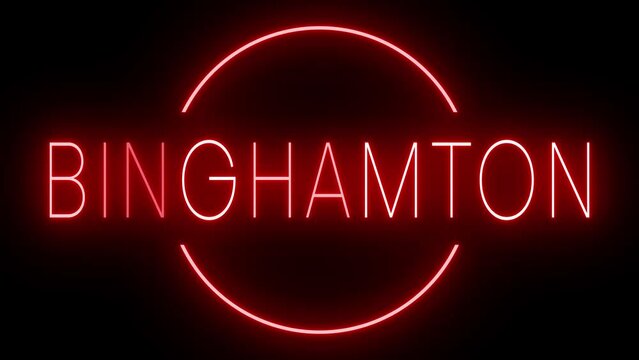Flickering red retro style neon sign glowing against a black background for BINGHAMTON